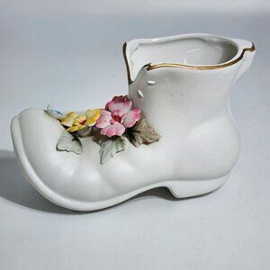 Boot Figurine Vase With Colorful Ceramic Hand Made Flowers Vintage Japan